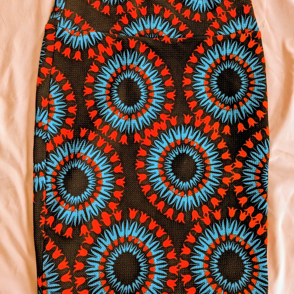 LuLaRoe Vibrant Black, Orange & Blue Pencil Skirt